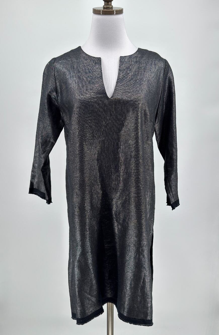 Harwood Black Metallic Linen Split Neck 3/4 Sleeve Casual Tunic Dress Sz XS